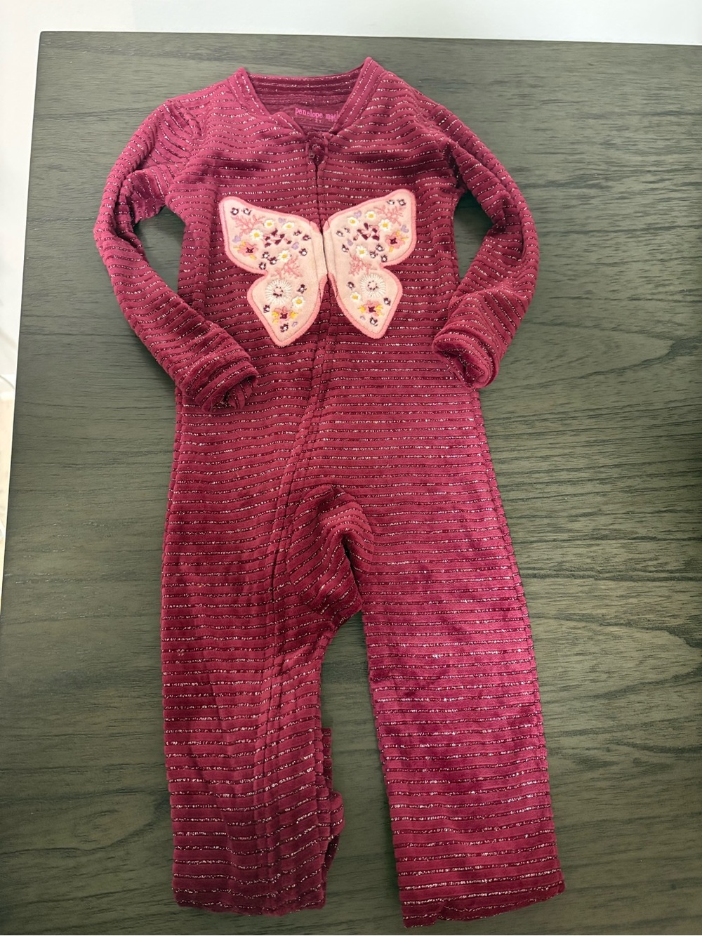 Girls' Burgundy One-Piece Pajama with Butterfly Applique